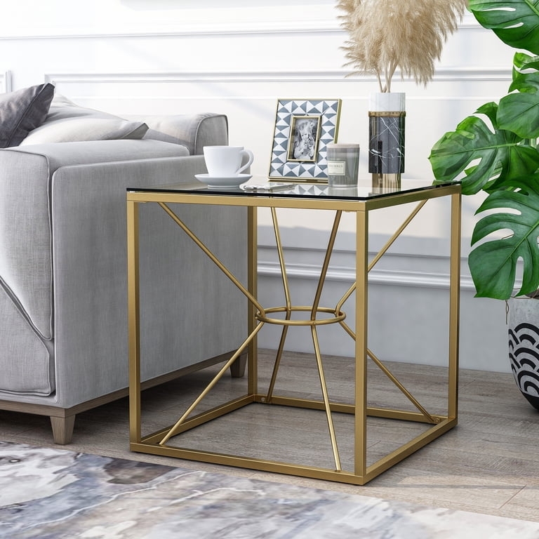 Side Table Modern Glam Round Glass Top with Polished Gold Tripod Legs