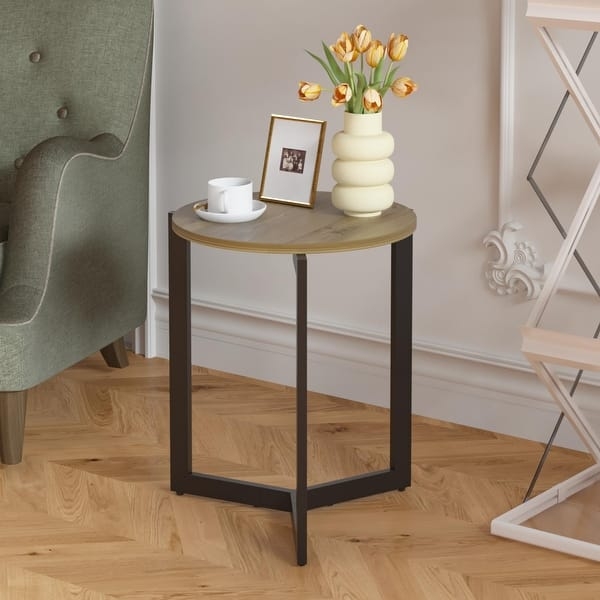 Side Table Modern Industrial Round Top Matte Black Circular Base