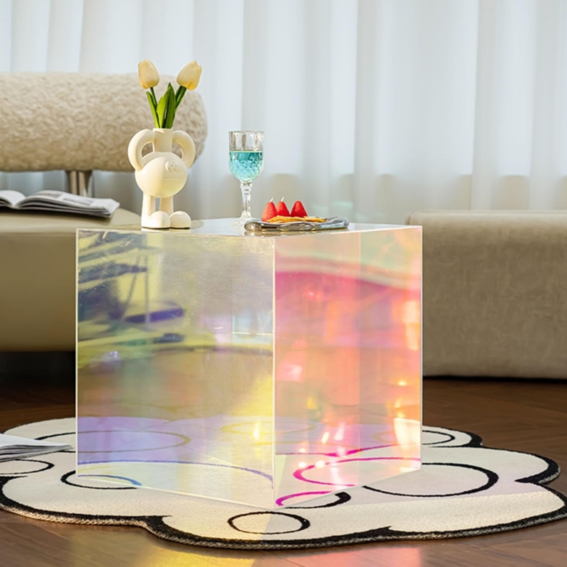 Side Table, Modern Iridescent Acrylic Cube, Rainbow Finish
