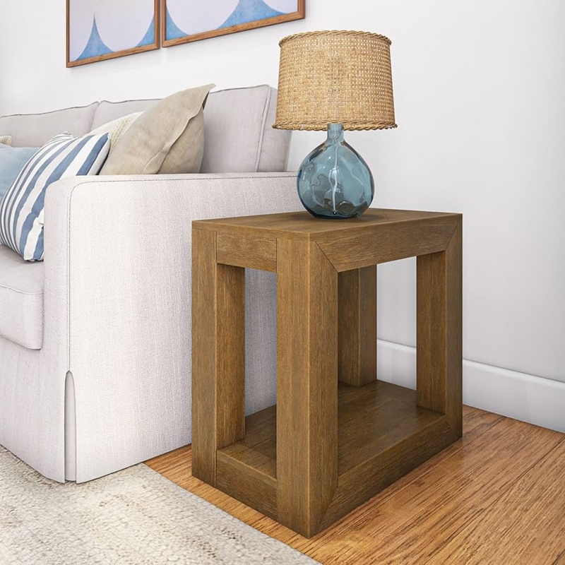 Side Table Narrow Profile Wirebrushed Finish with Lower Shelf