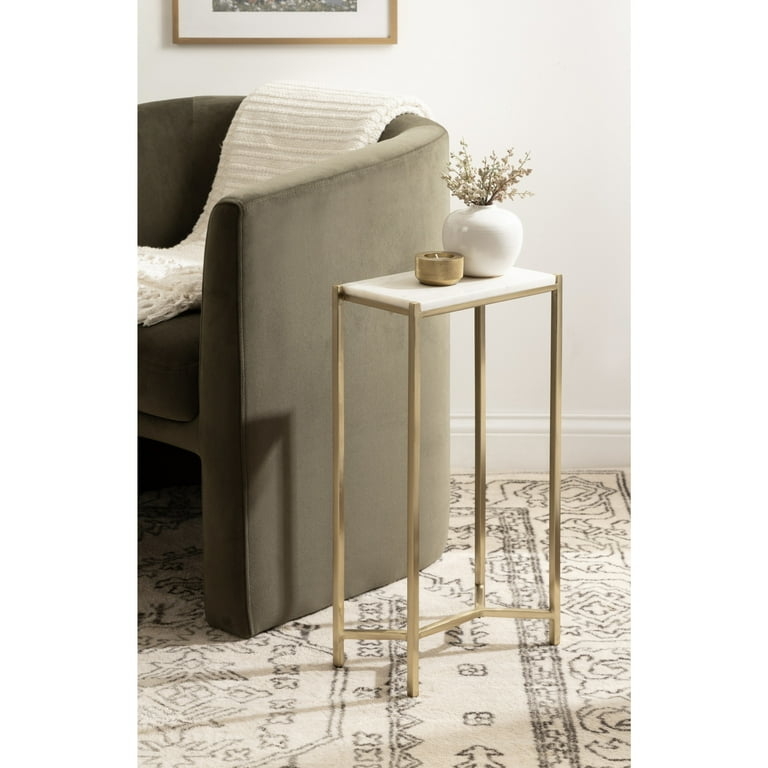 Side Table, Narrow Rectangular Profile, Gold Metal and Marbled Top