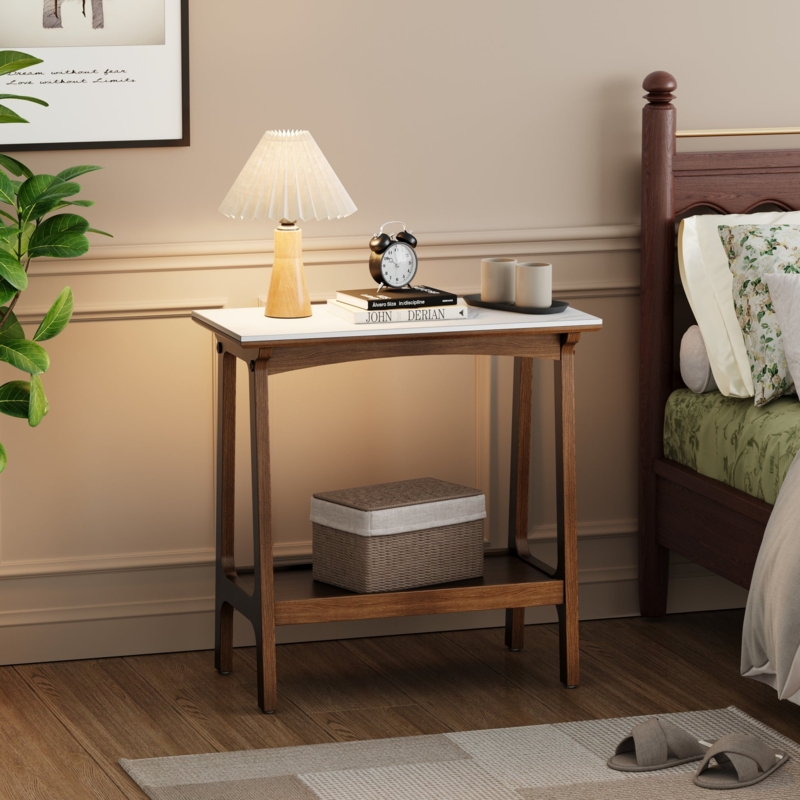 Side Table Narrow Slim Footprint Stone-Like Top Reddish Brown