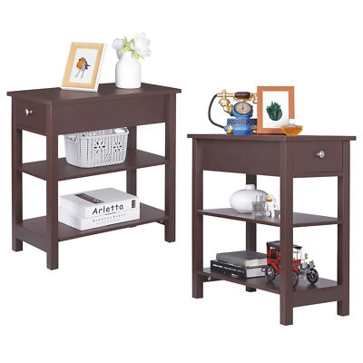 Side Table Narrow White with Drawer and Three Tier Open Shelving