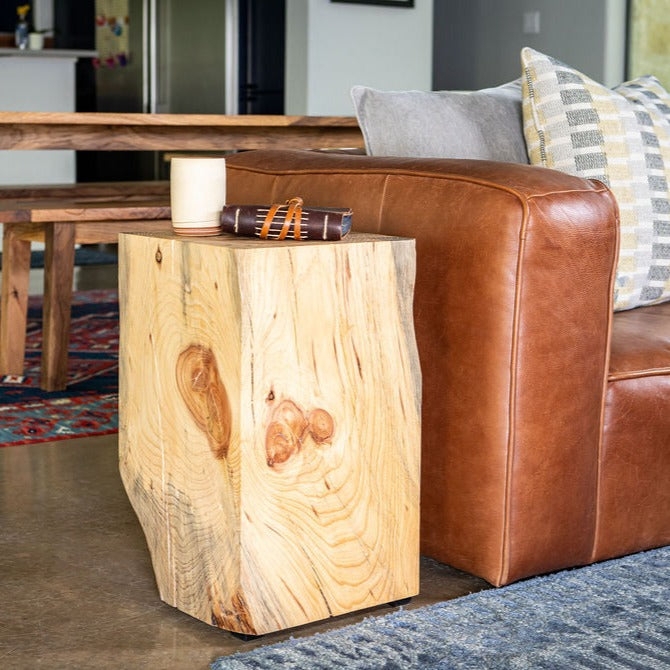 Side Table Natural Wood Checks Solid Block Form Japandi Style Honey Brown