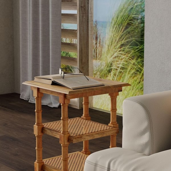 Side Table Natural Wood Frame Woven Cane Shelves Three-Tier Coastal