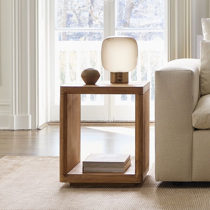 Side Table Natural Wood, Minimalist Slat Base End Table Pedestal