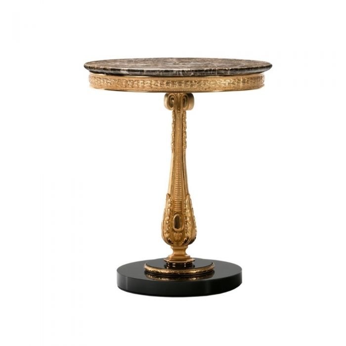 Side Table: Ornate Gold Pedestal Base with Polished Dark Wood Top