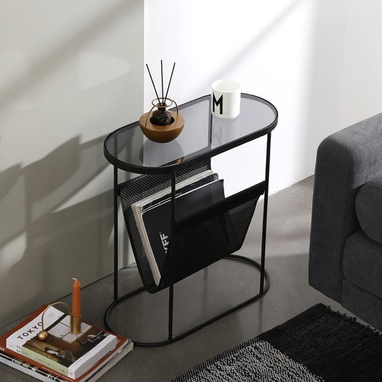 Side Table Oval Metal Frame with Magazine Holder Base
