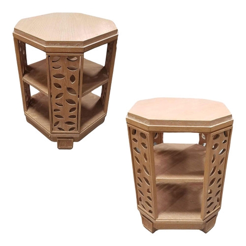 Side Table Pair with Octagonal Cerused Oak Top and Arched Cut-Out Base