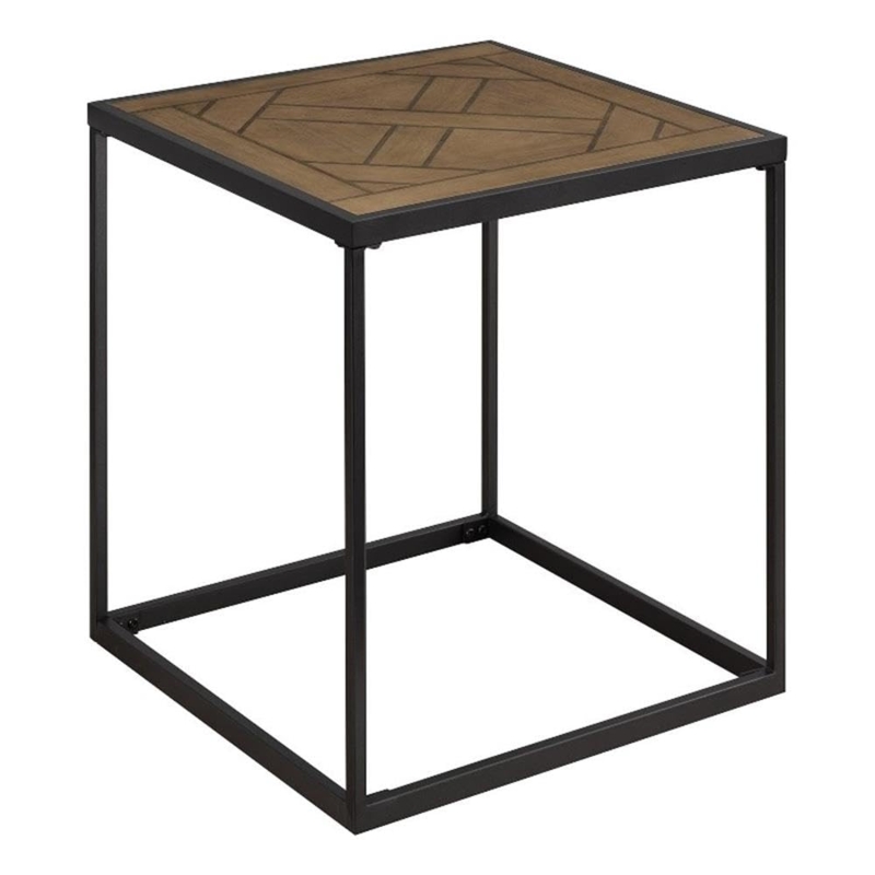 Side Table Parquet Veneer Top X-Base Legs Square Metal Frame Industrial