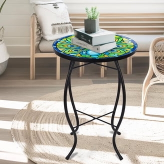 Side Table, Peacock Mosaic Glass Top, Outdoor Metal Tripod Base