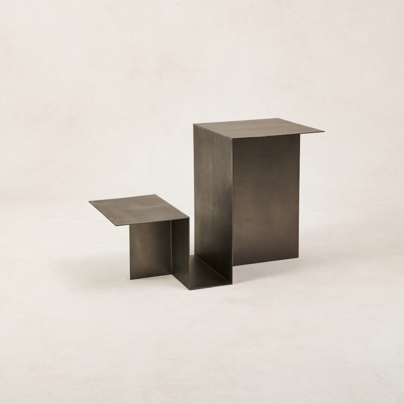 Side Table Polished Stainless Steel Recessed Valley Top Drum Base