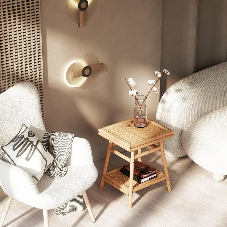 Side Table Rattan Woven Shelf Rectangular Boho Wood