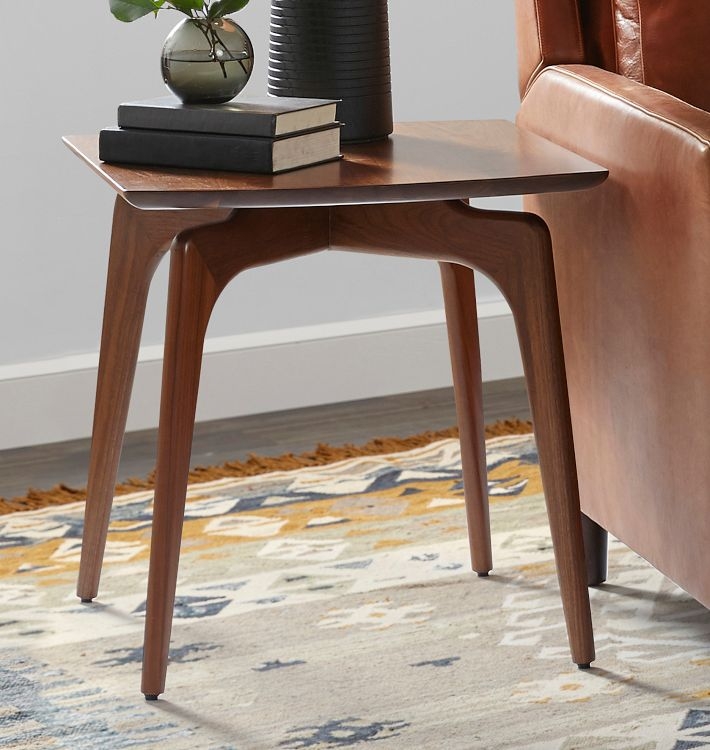 Side Table Recessed Top Tripod Base Walnut Wood