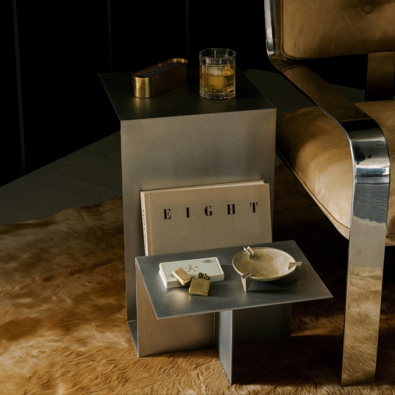 Side Table Rectangular Brutalist Brushed Stainless Concave Top