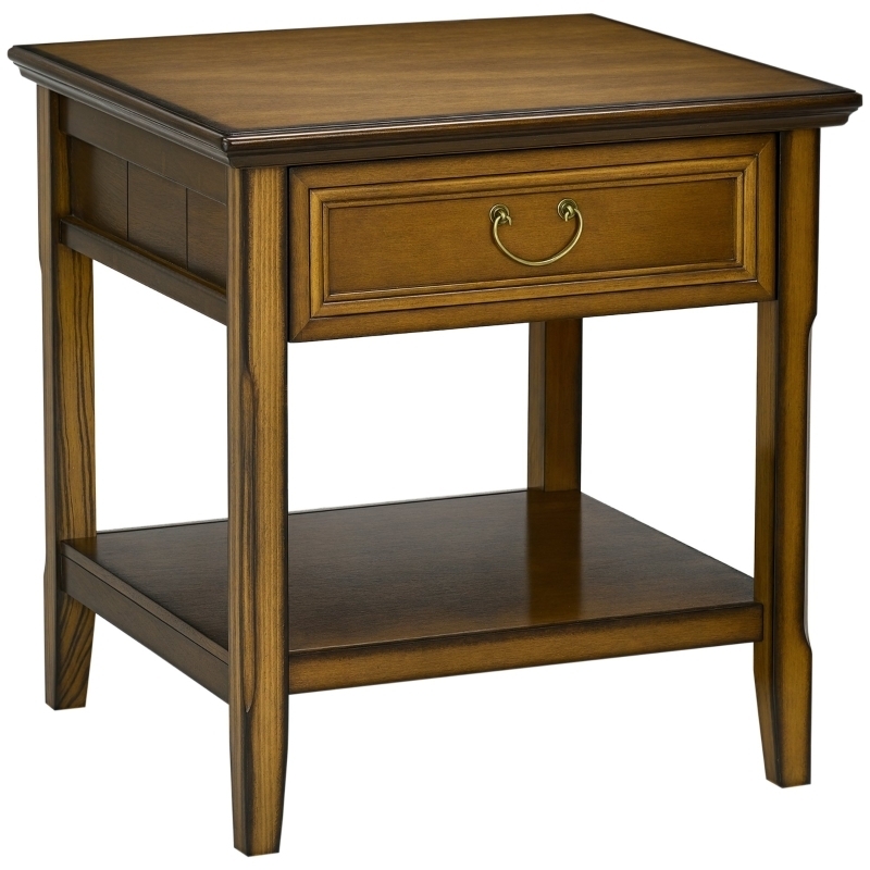 Side Table Retro Two Drawers Dark Coffee Finish Shelf