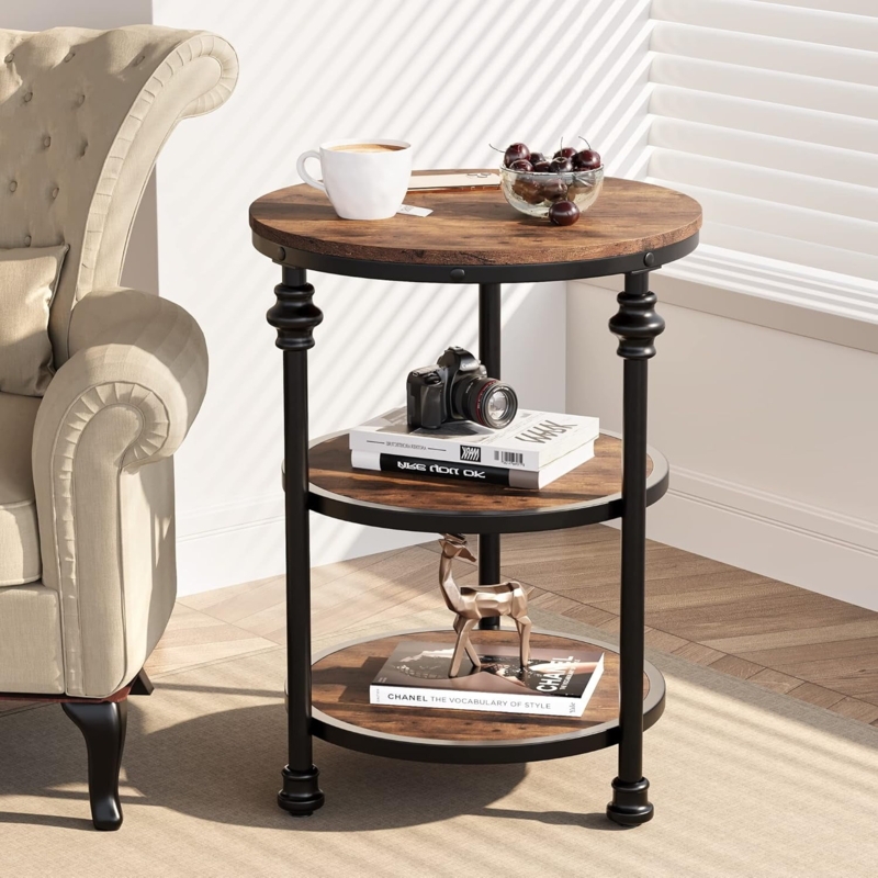 Side Table Roman Column Supports Three Tier Round Neo-Classical Dark