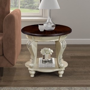 Side Table Round Beige Wood Tapered Legs Two-Tier