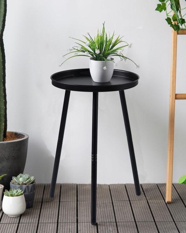 Side Table Round Black Metal Raised Edge Monochromatic Decor