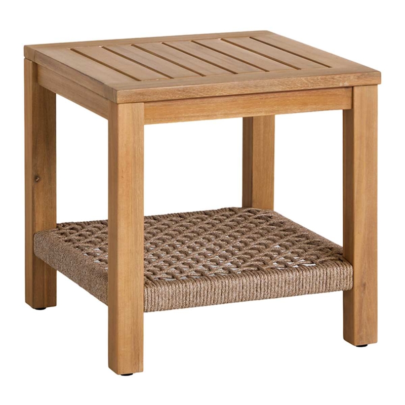 Side Table Round Blonde Acacia Wood Tan Rope Wrapped Base Coastal