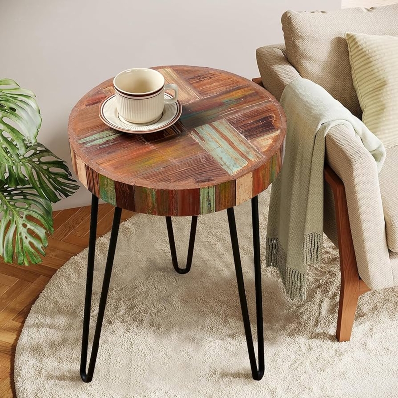 Side Table, Round Drum, Coastal Patio, Weathered Wood Slats