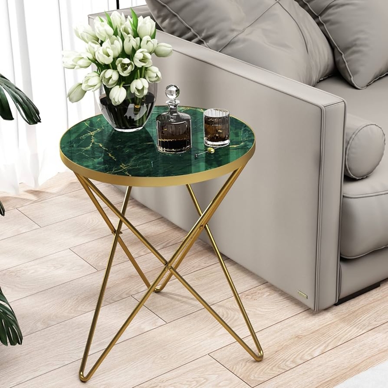 Side Table Round Green Marble Top Gold Metal Criss-Cross Base