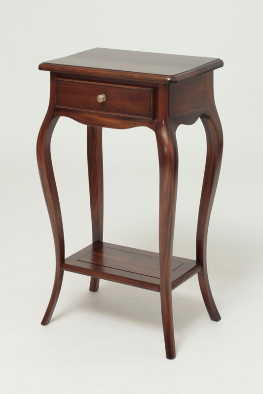 Side Table, Round Mahogany Wood, Three Tapered Legs, Single Drawer