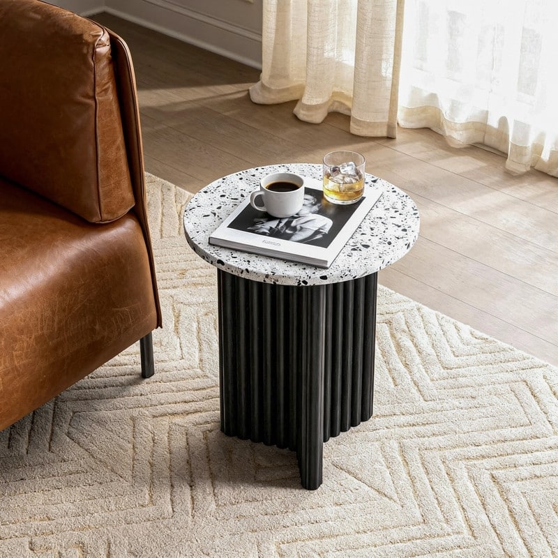 Side Table Round Marble Look Top White Fluted Pedestal Base
