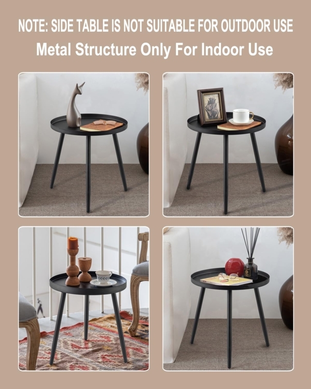 Side Table Round Metal Tray Top Matte Black Industrial Functional