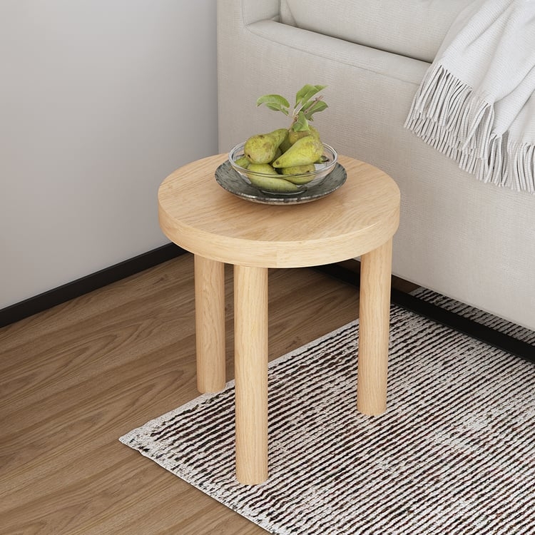 Side Table Round Natural Light Oak Finish Tapered Legs Japandi Style
