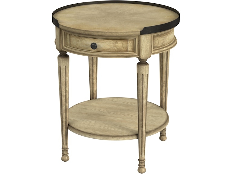 Side Table Round Parquetry Top Wood Drawer Bottom Shelf Traditional