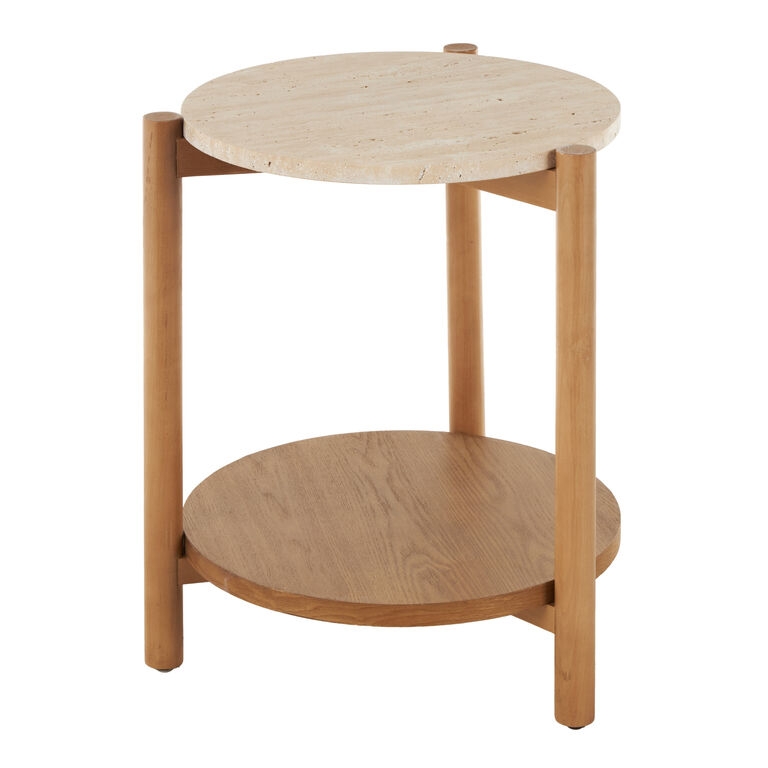 Side Table, Round Pitted Stone-Like Top, Wood Frame & Lower Shelf