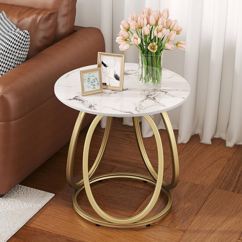 Side Table Round Sintered Stone Top Gold Arched Geometric Legs