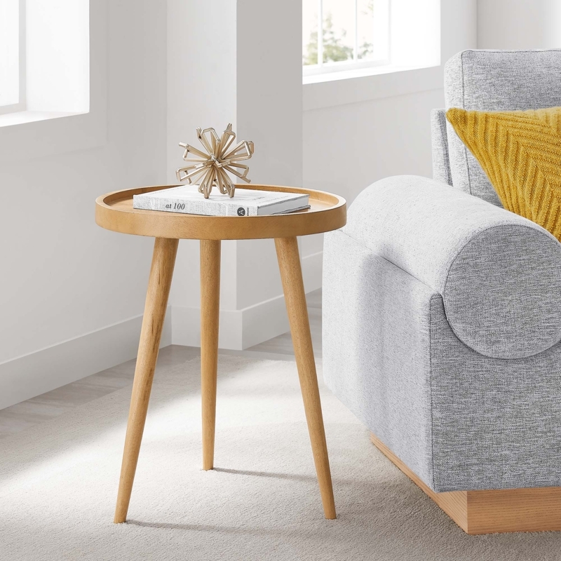 Side Table Round Slatted Pedestal Base Organic Modern Living Room Accents