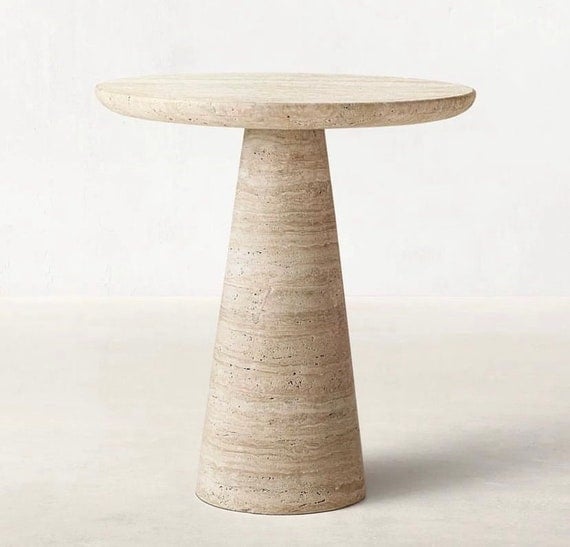 Side Table, Round Stone-Like Top & Porous Texture, Three Pillar Legs