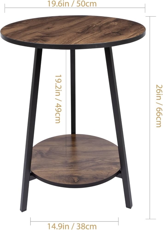 Side Table Round Top X-Base Black Metal Frame, Industrial Rustic