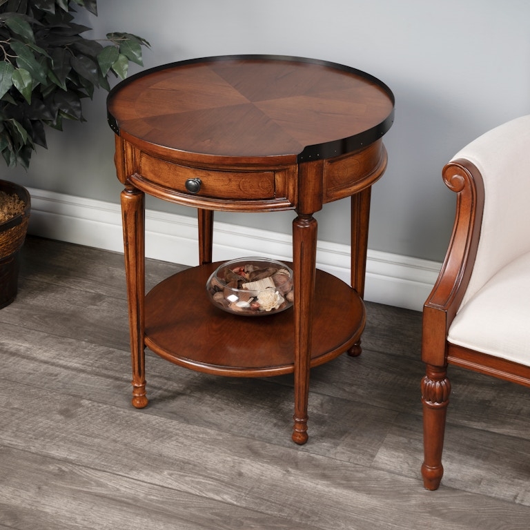 Side Table Round Tray Top Dark Wood Metal Tripod Base Industrial