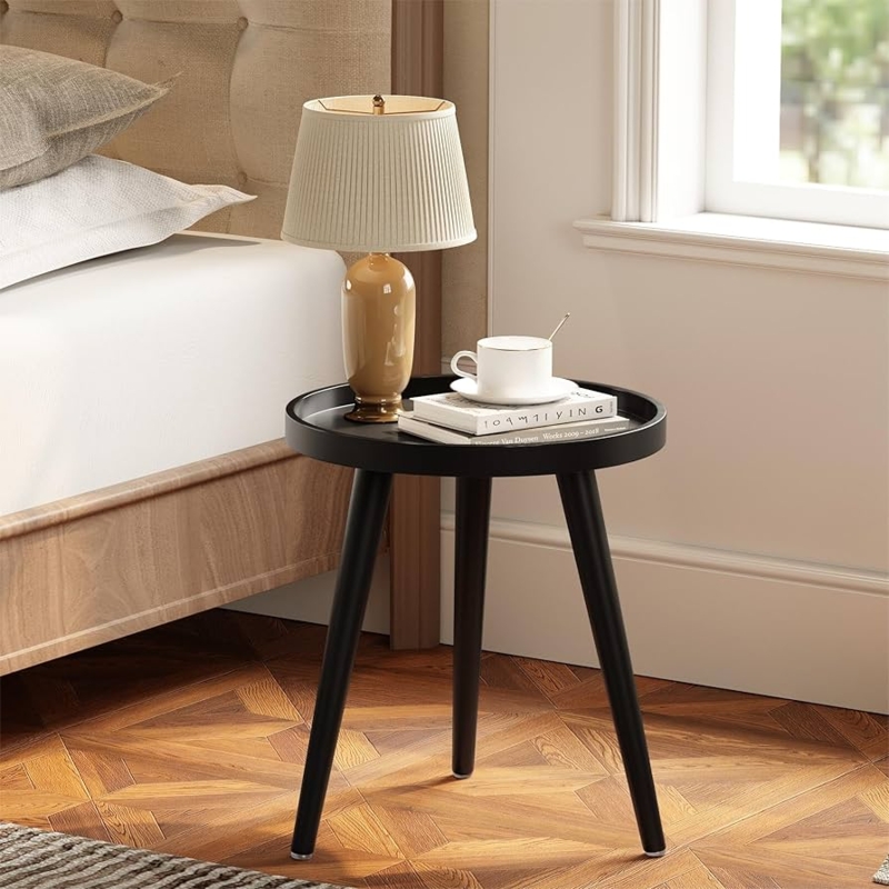 Side Table Round Tray Top Matte Black Metal Tripod Base Scandinavian