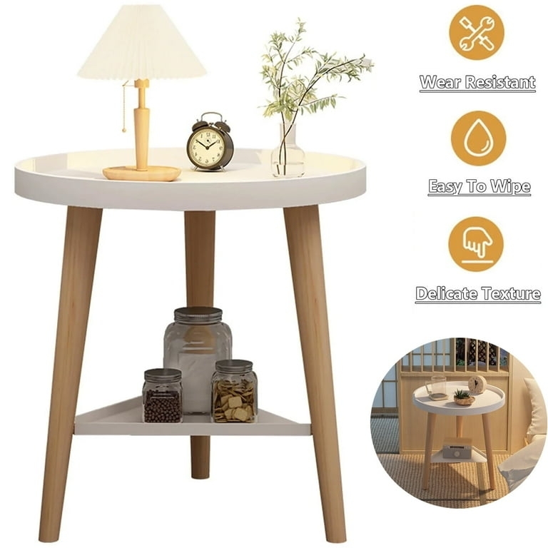 Side Table Round Two Tier Matte White Finish Tray Edges Tripod