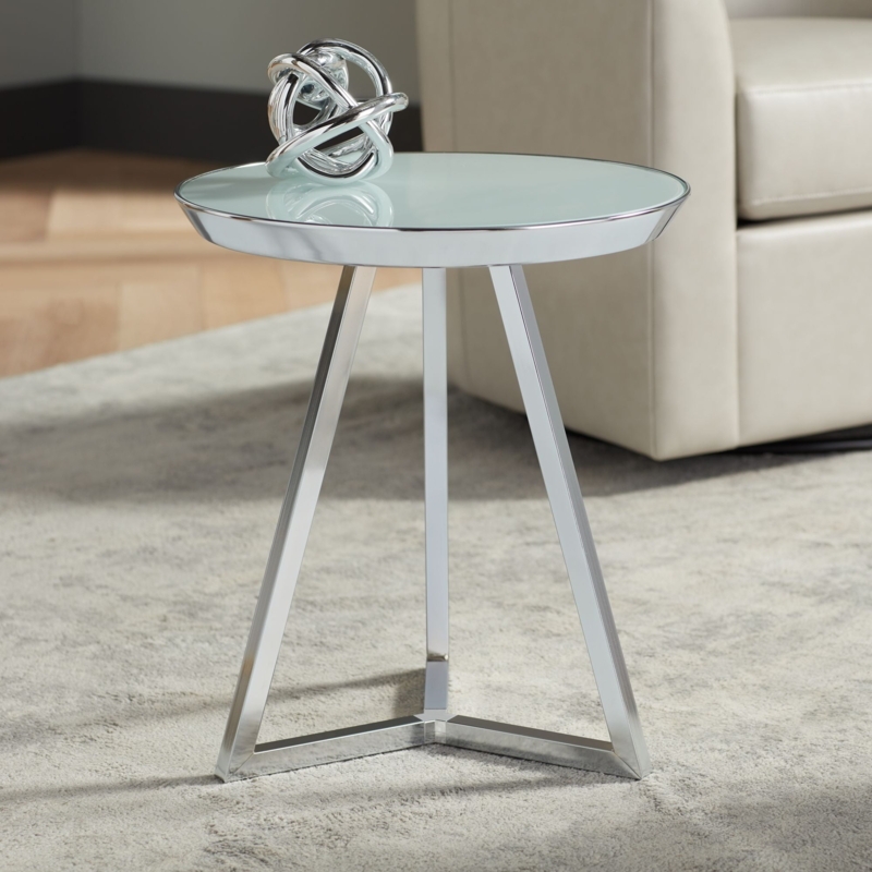 Side Table Round White Glass Top Polished Chrome X-Base