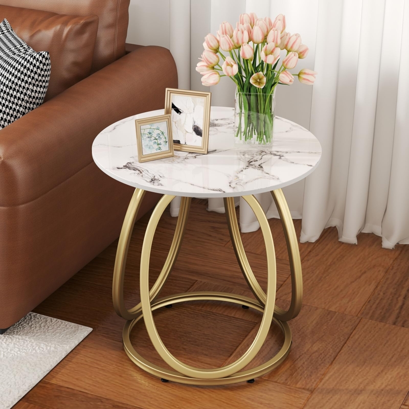 Side Table Round White Marble Top Gold Cross-Leg Base Glam Accent Decor