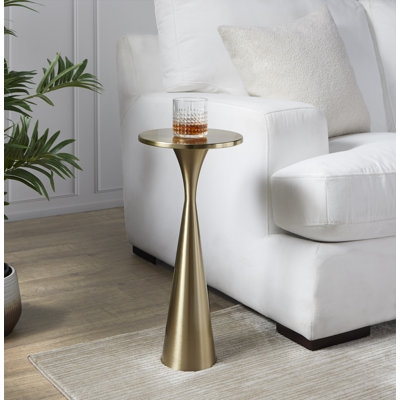 Side Table, Round White Stone-Like Top, Gold Metal X-Base Frame