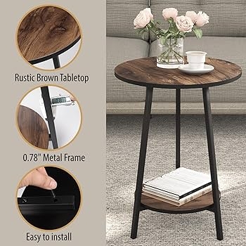 Side Table Round Wood Top Tripod Base Circular Ring, Industrial