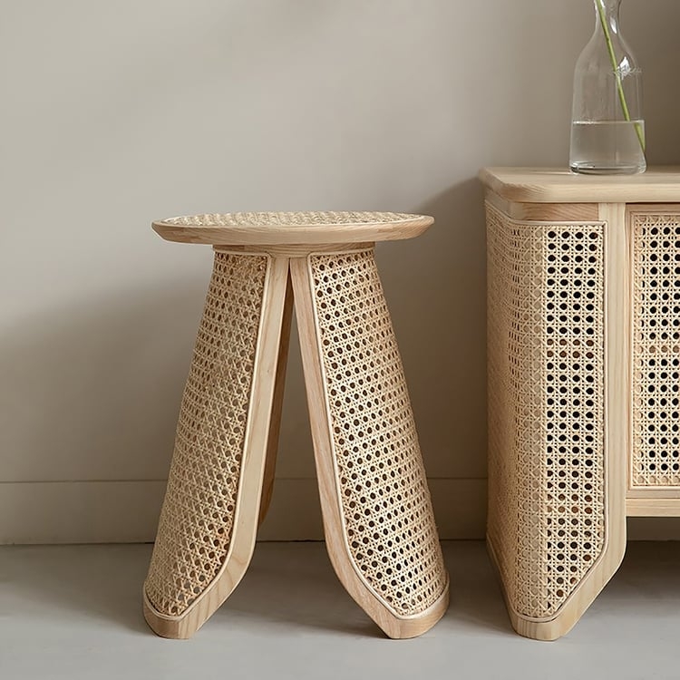 Side Table Round Wood Top with Woven Rattan Drum Base
