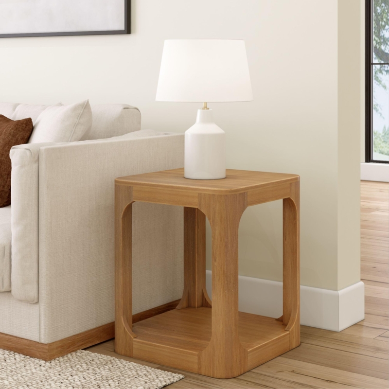 Side Table Rounded Square Pecan Finish Modern End Table Storage