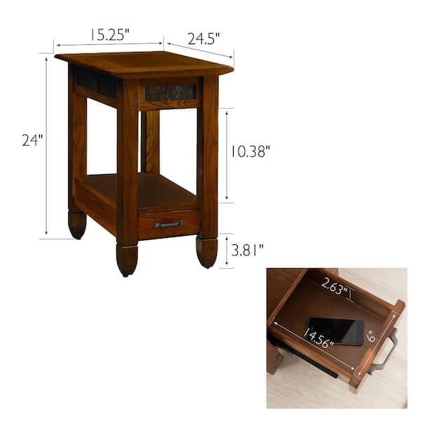 Side Table Rustic Oak Finish Tapered Legs, Slate Tile Accent.