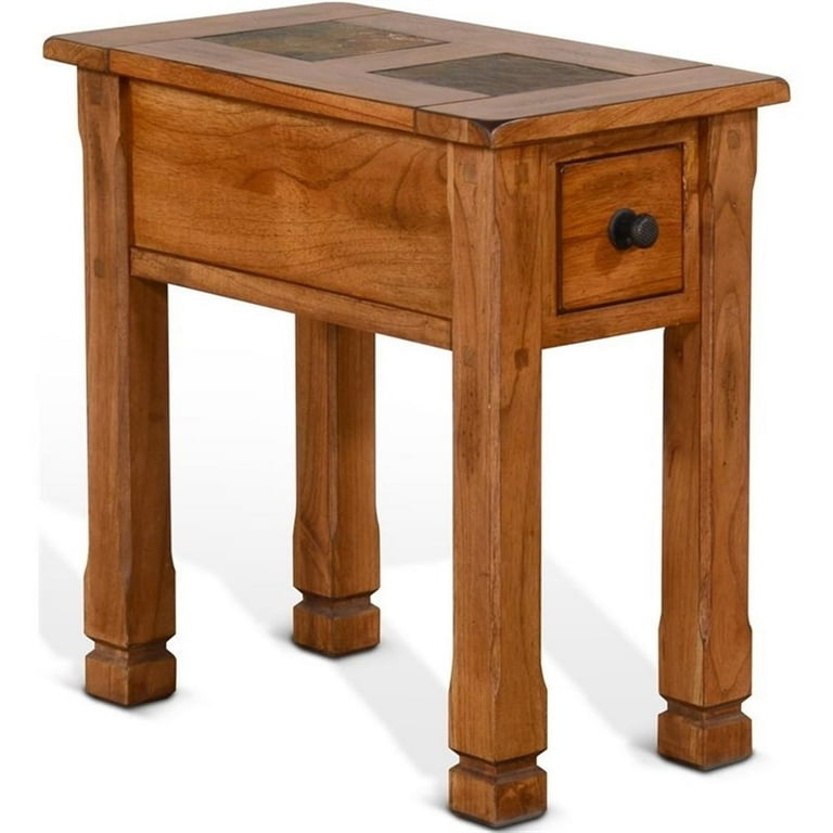 Side Table Rustic Oak Slatted Shelf Slim Rectangular End Table