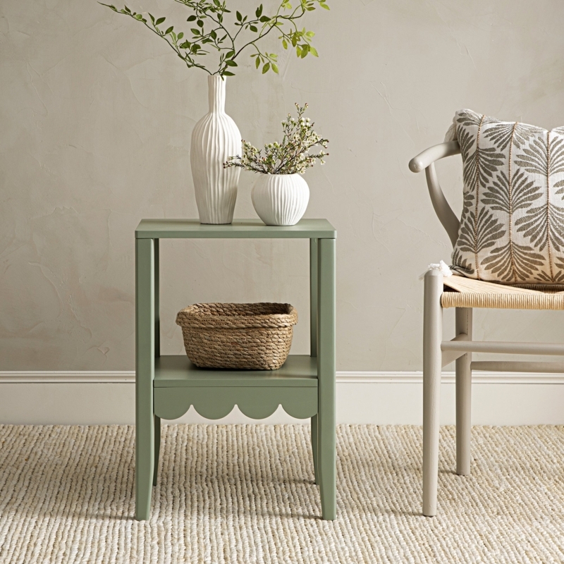 Side Table Sage Green Scalloped Apron Two Drawers Cottagecore