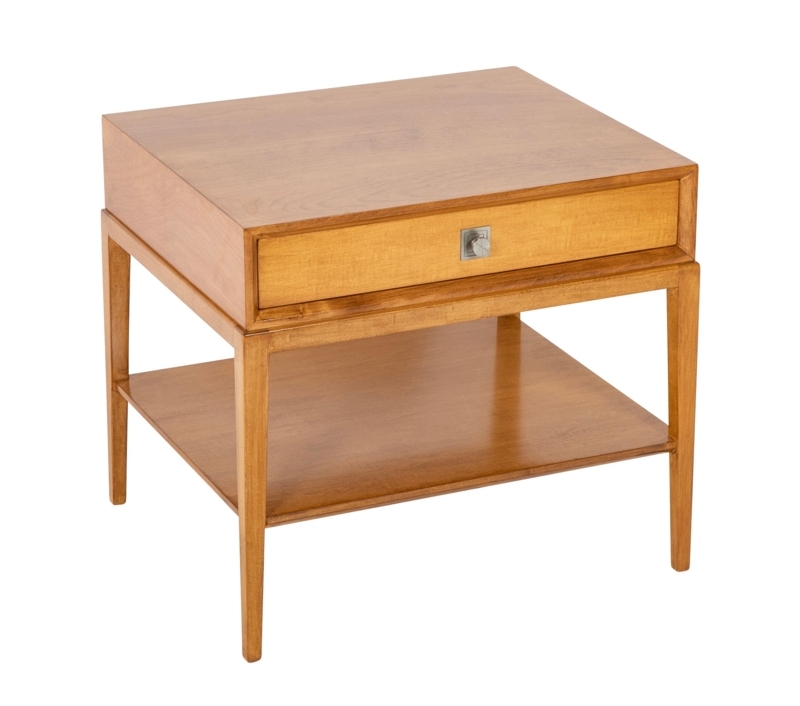Side Table Sawhorse Base Blonde Wood X-Frame Brass Ring Pull