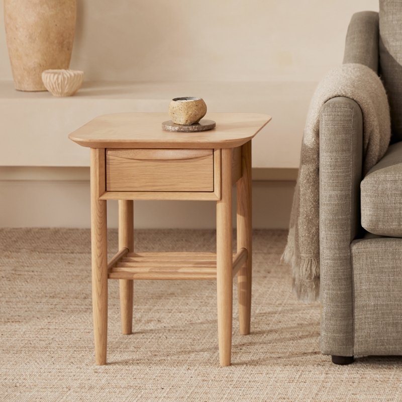 Side Table Scandinavian Light Oak with Slatted Storage Base